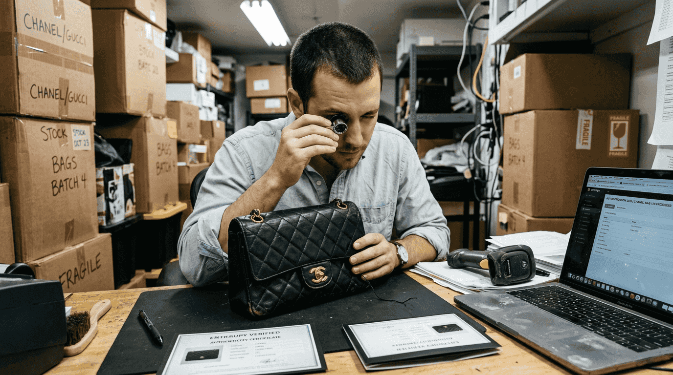 Shop worker authenticates designer bag at workbench