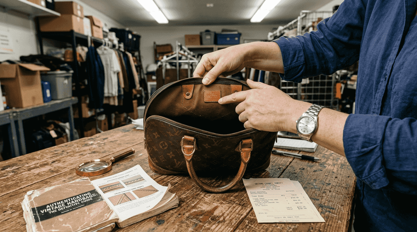 Hands authenticating designer handbag details