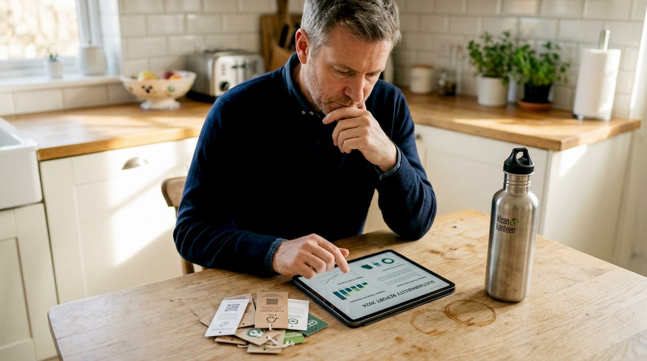 Man reviewing brand sustainability report at kitchen table