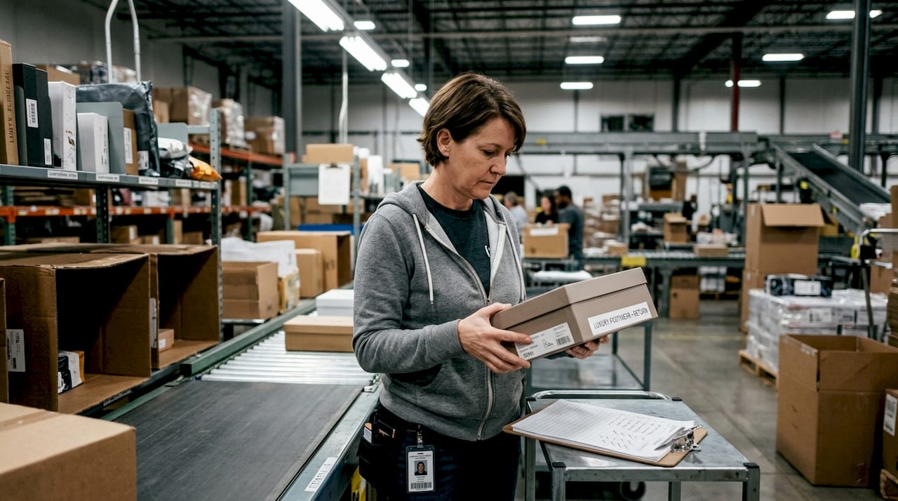 Warehouse worker handling returned fashion parcel