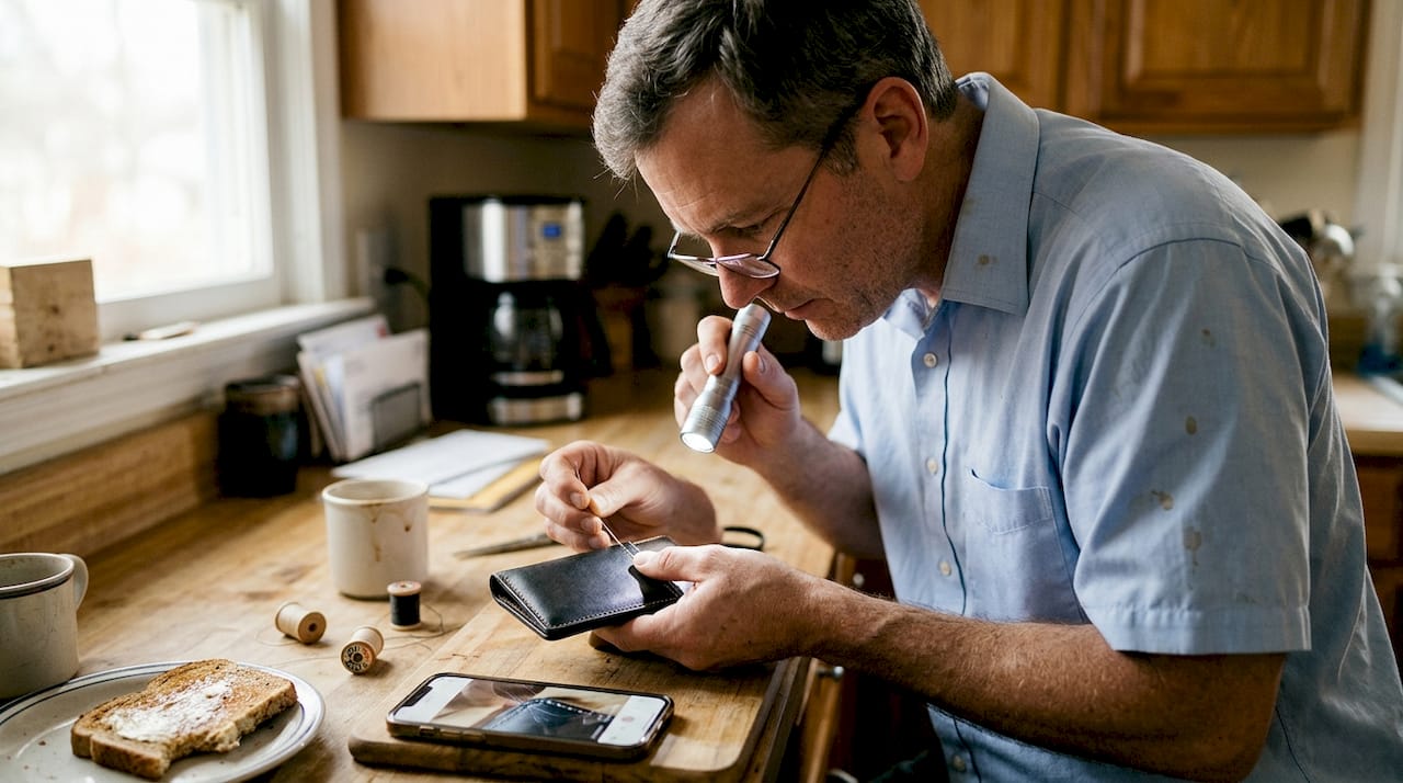 Man checking luxury wallet stitching at home