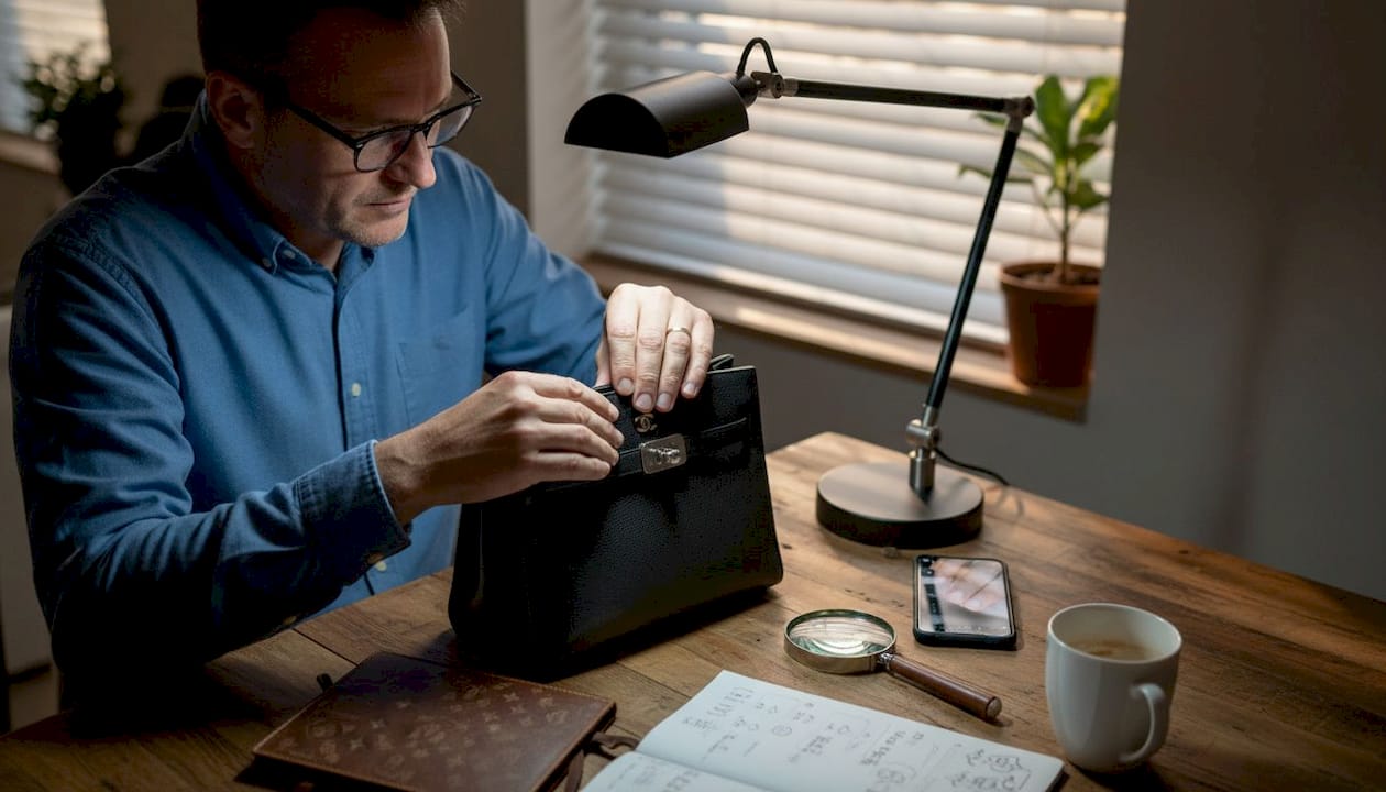 Man checking authenticity of designer handbag