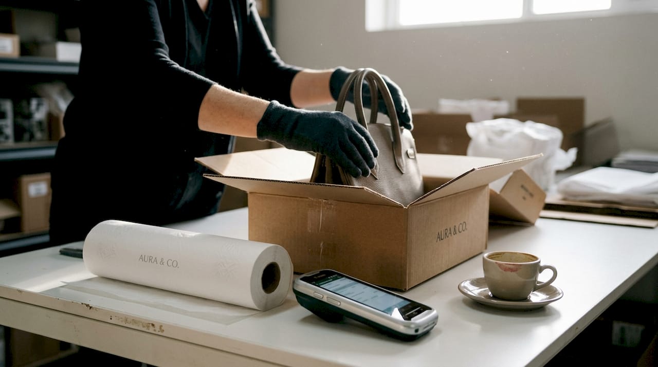 Gloved hands packing luxury designer shipping