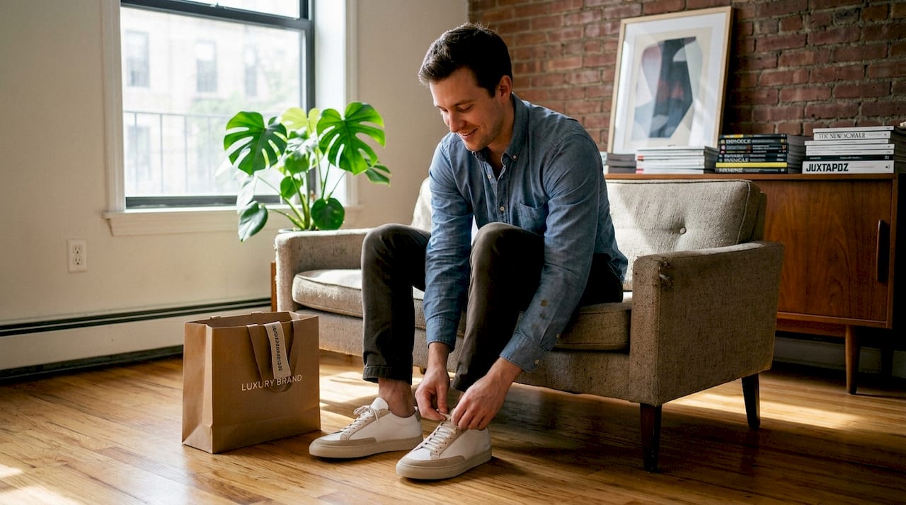 Man enjoys genuine designer sneakers at home