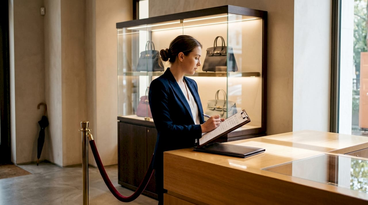 Salesperson manages designer bag waitlist clipboard