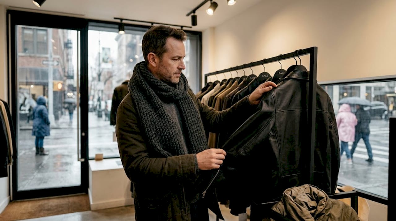 Shopper inspects leather jacket during store markdown