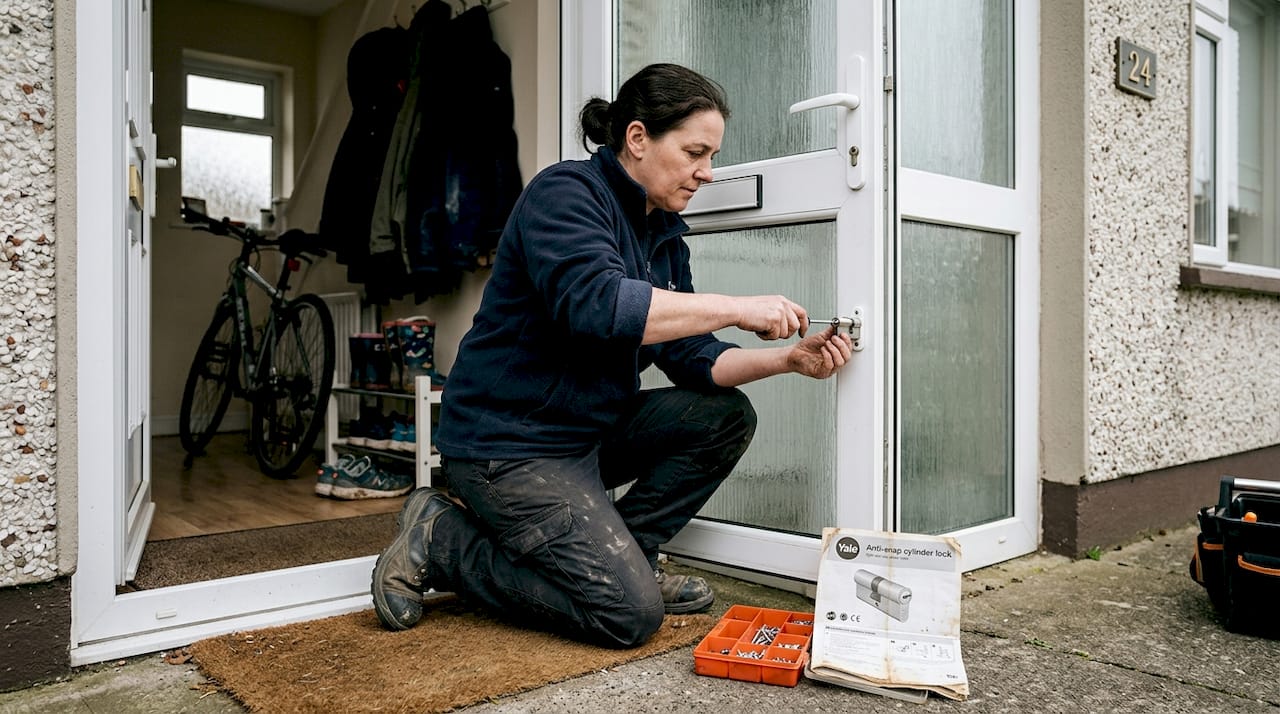 Locksmith upgrading front door security at home