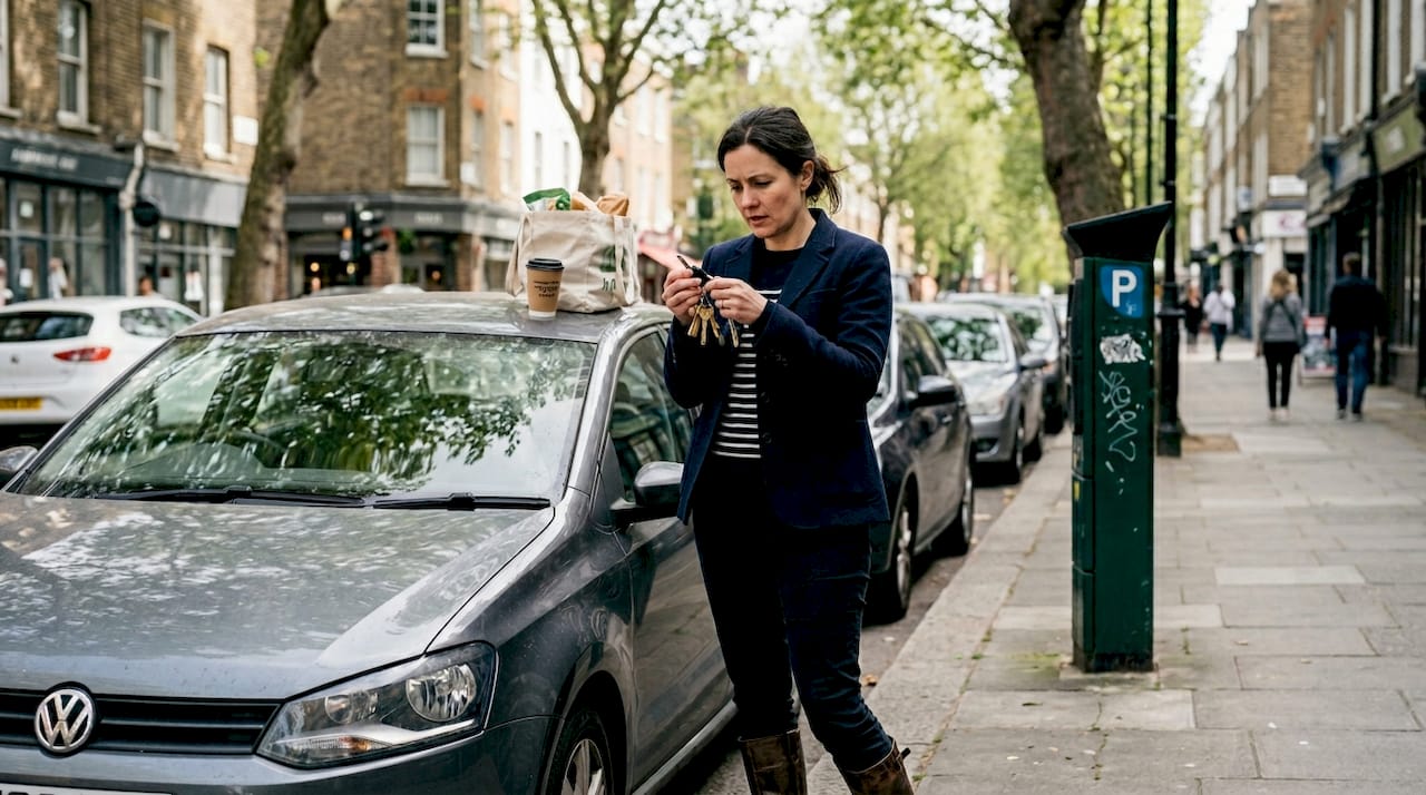 Car owner examining old key copies outdoors