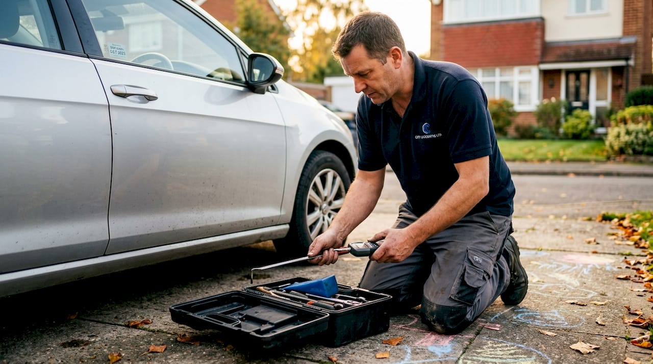 Locksmith placing tools by modern car