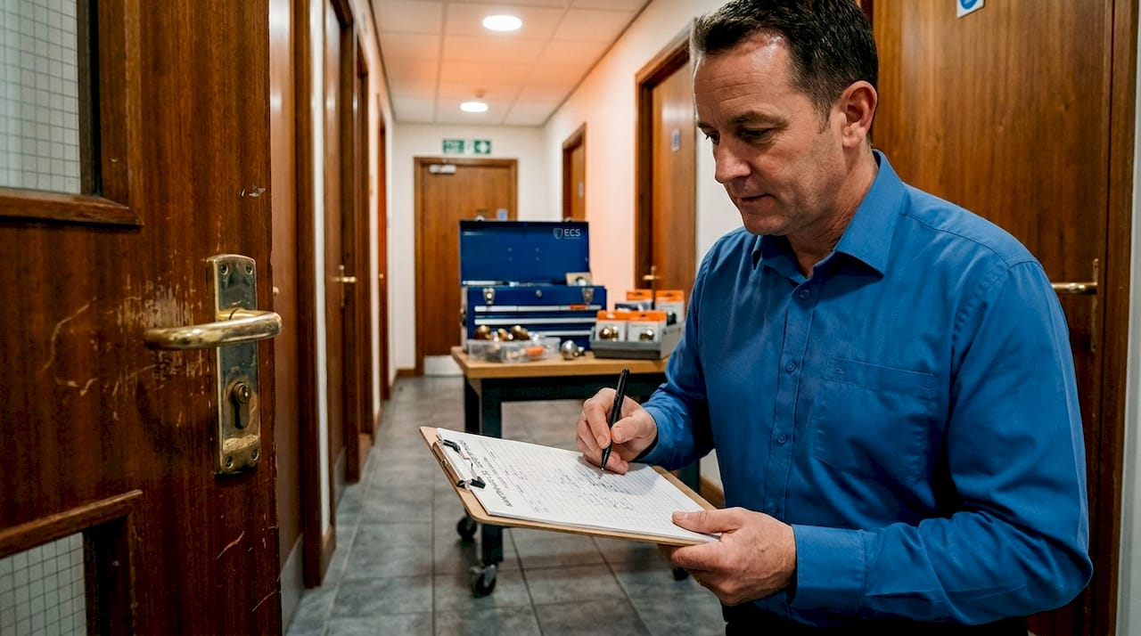Manager logging door maintenance in office corridor