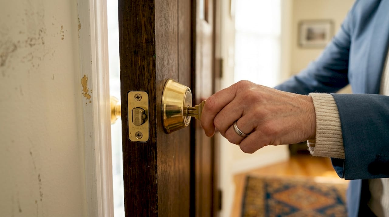 Woman testing door lock installation