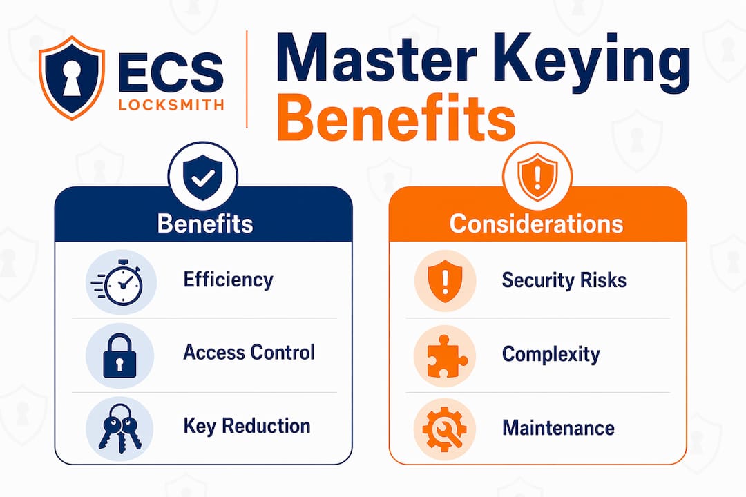 Infographic comparing benefits and considerations of master key systems