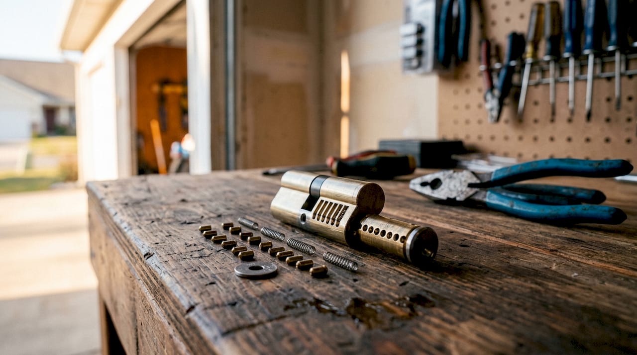 Close-up of pin tumbler lock components and master wafer
