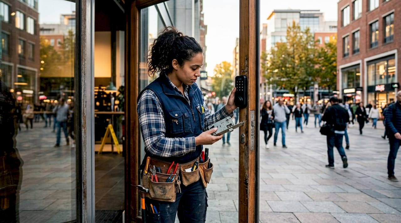 Woman locksmith comparing mortise and smart locks