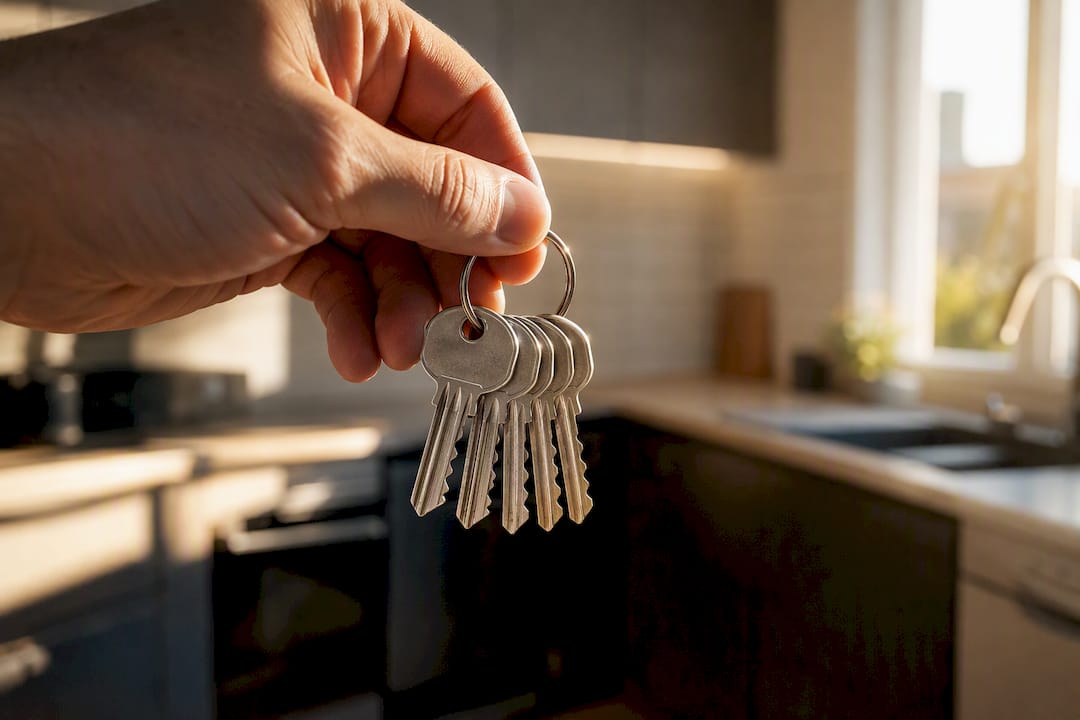 Hand holding a keyring of identical keys