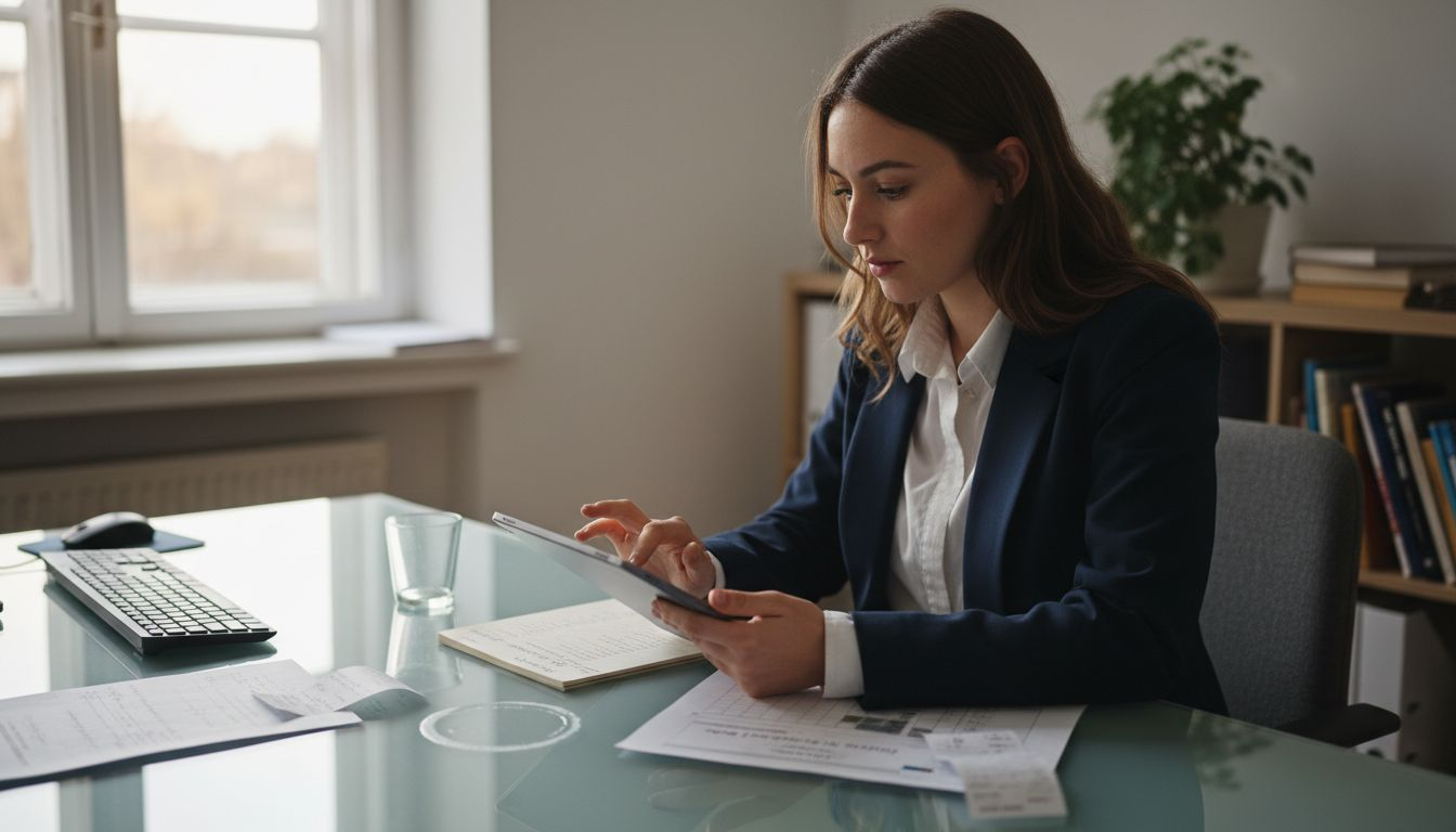 Eine Unternehmerin sitzt am Schreibtisch und prüft sorgfältig die Finanzen ihres Unternehmens.