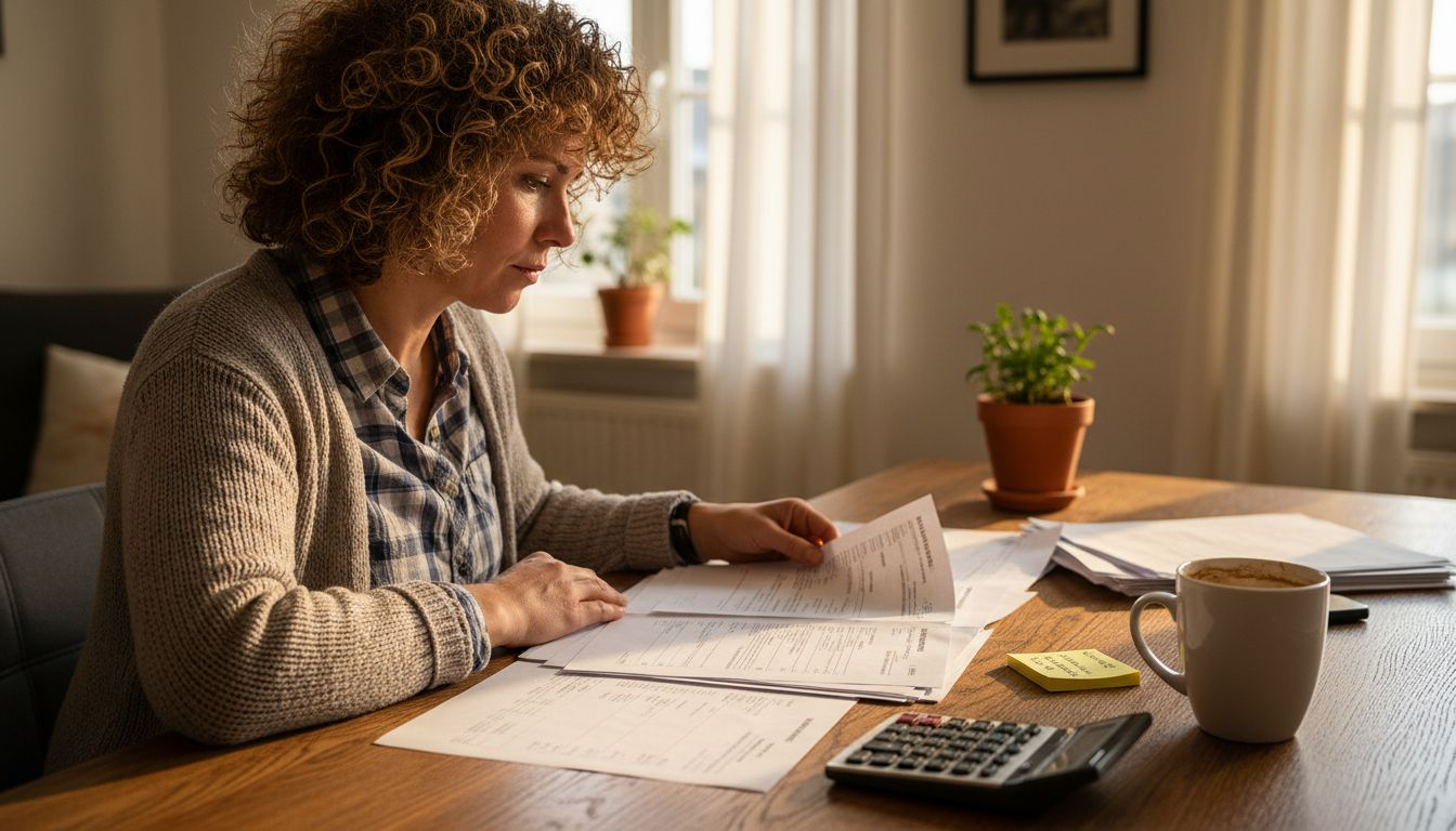 Eine Frau sitzt am Wohnzimmertisch und geht ihre Kreditunterlagen durch.