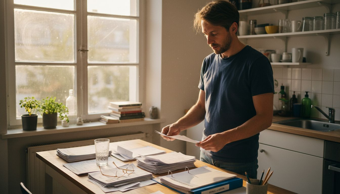 Ein Mann bringt seine Finanzunterlagen zu Hause in Ordnung.