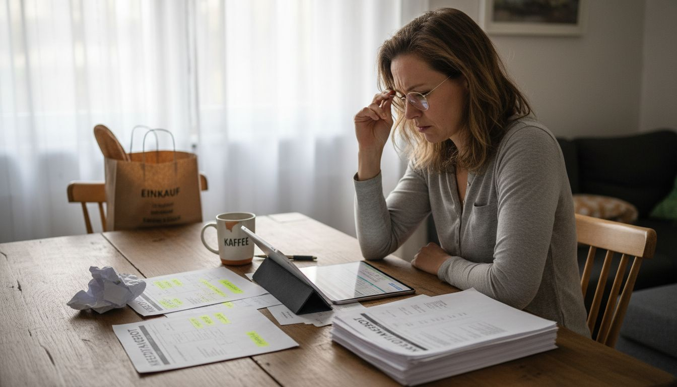 Eine Frau sitzt am Tisch und prüft verschiedene Kreditunterlagen, um das beste Angebot für sich zu finden.