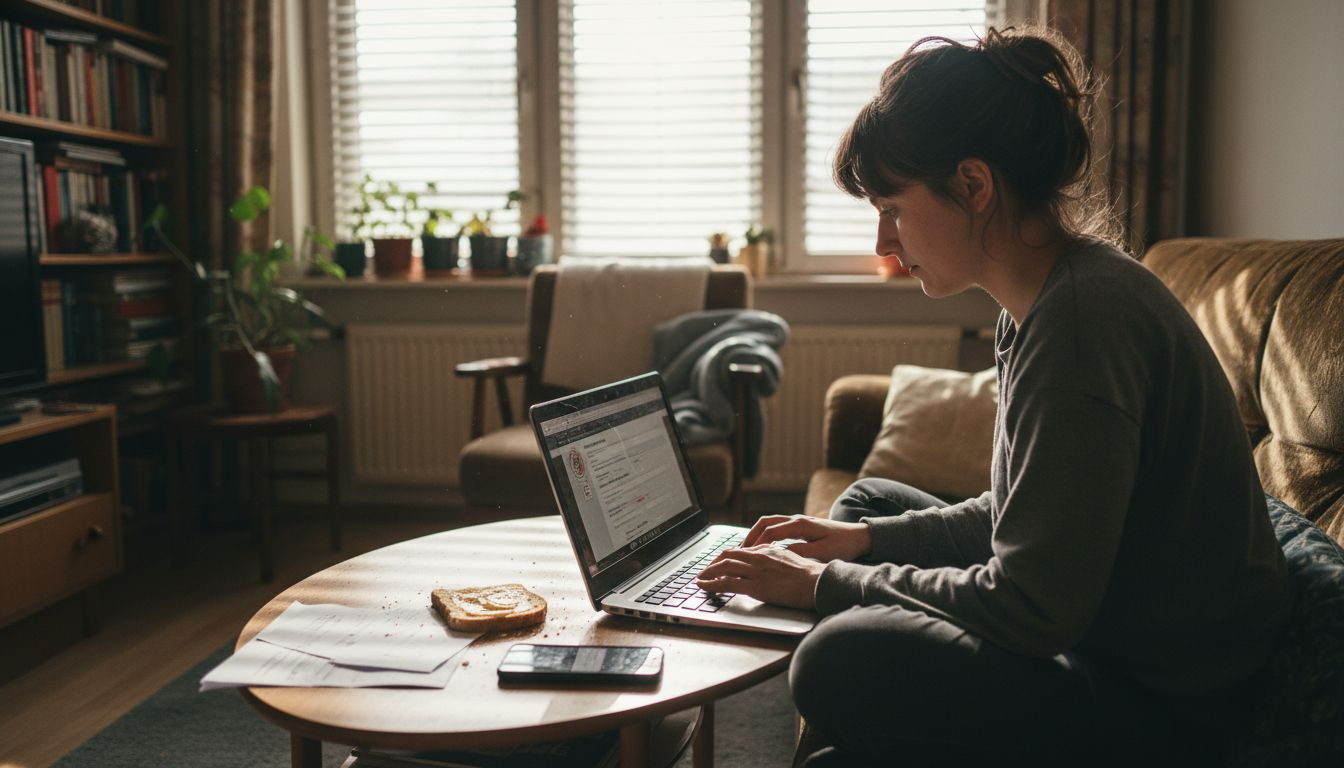 Eine Frau sitzt entspannt auf dem Sofa und füllt ihren Kreditantrag aus.