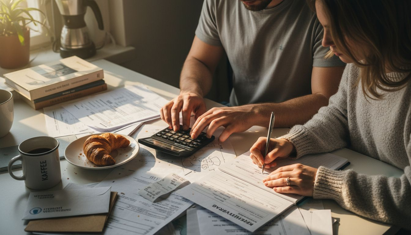 Ehepaar vergleicht Kreditangebote am Küchentisch