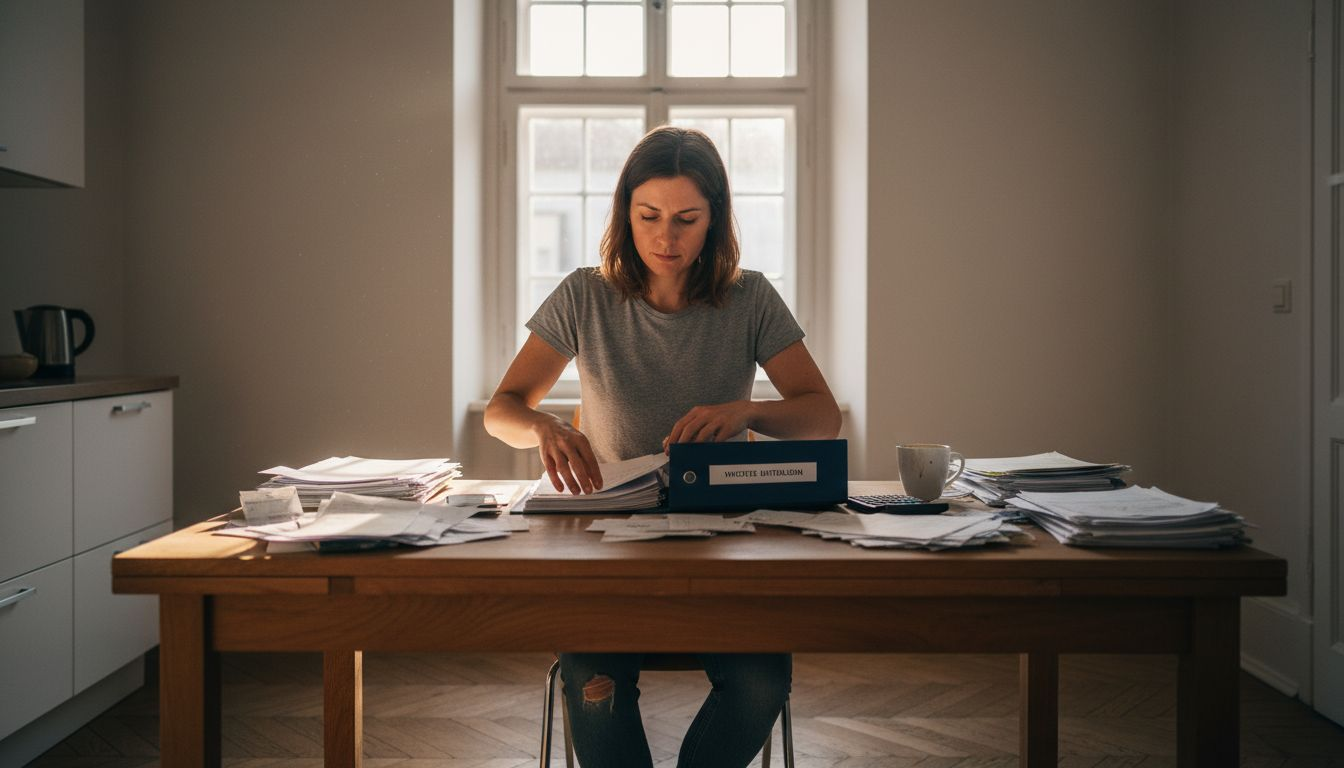 Eine Frau sitzt am Tisch und ordnet ihre Unterlagen für den Kreditantrag.