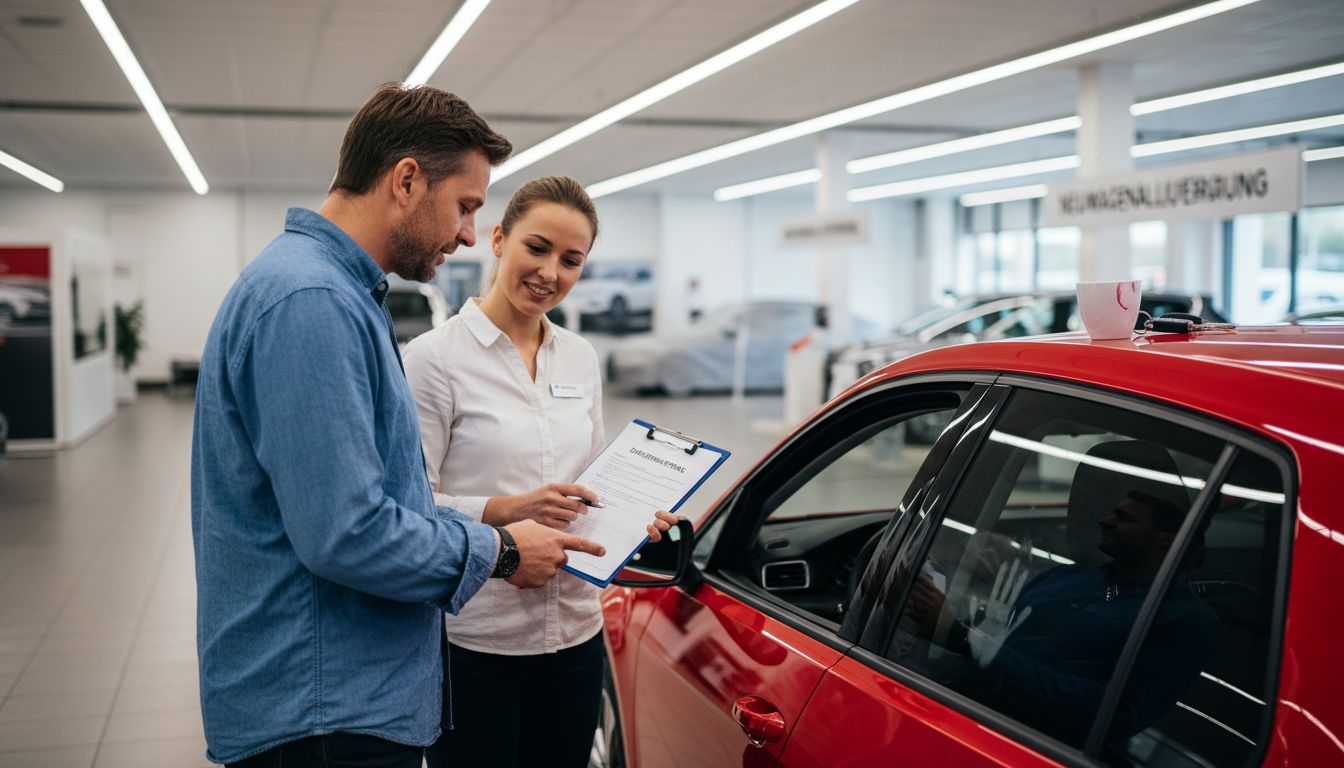 Ein Kunde bespricht mit dem Autohändler die Konditionen für die Autofinanzierung.