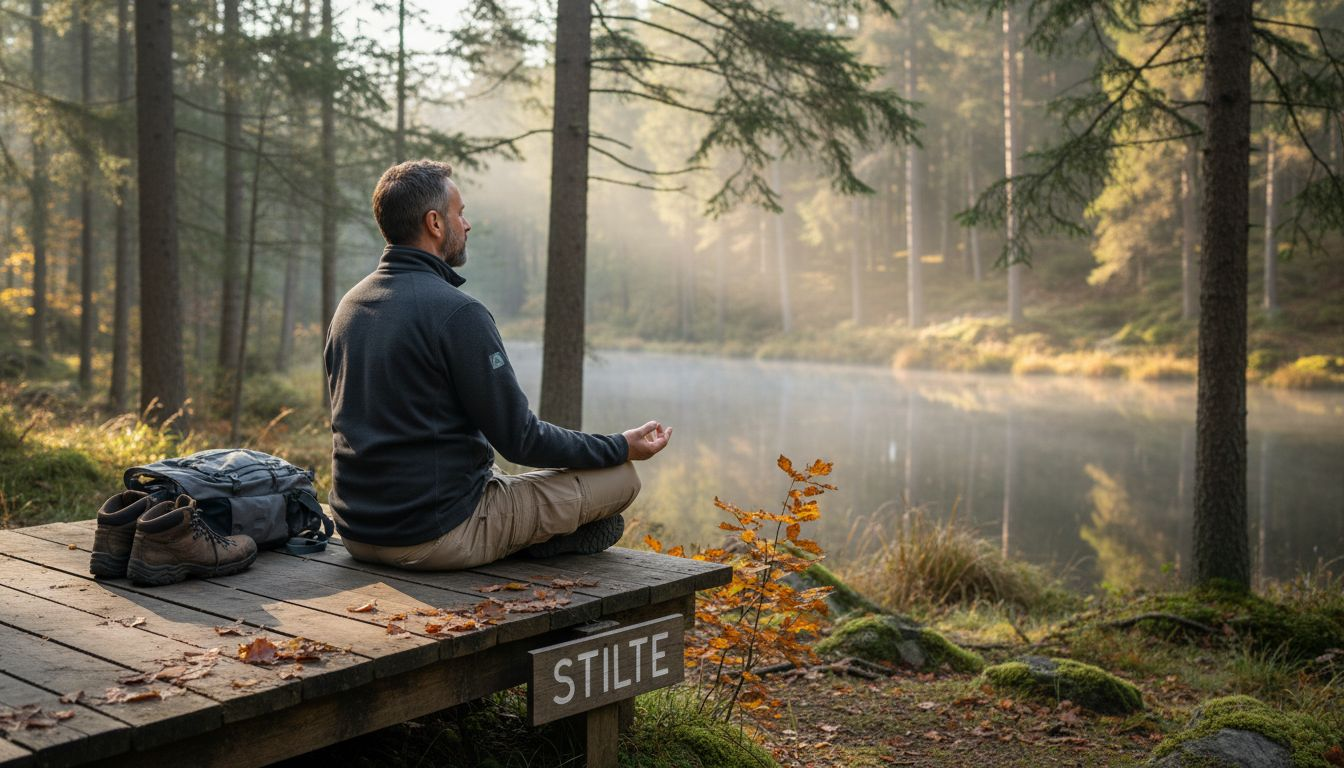Man komt tot rust tijdens een meditatiesessie in een bosrijke omgeving.