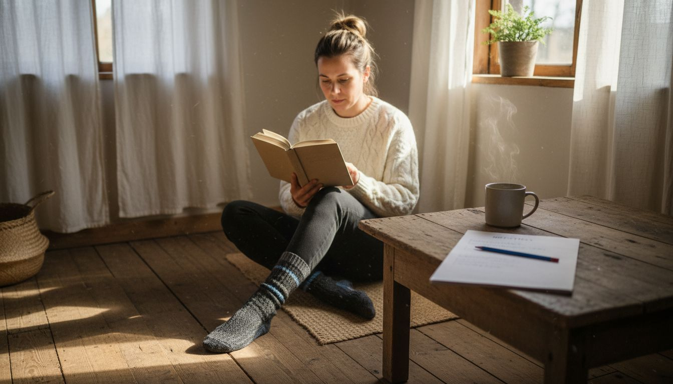 In een rustige kamer zit een vrouw verdiept in haar boek.