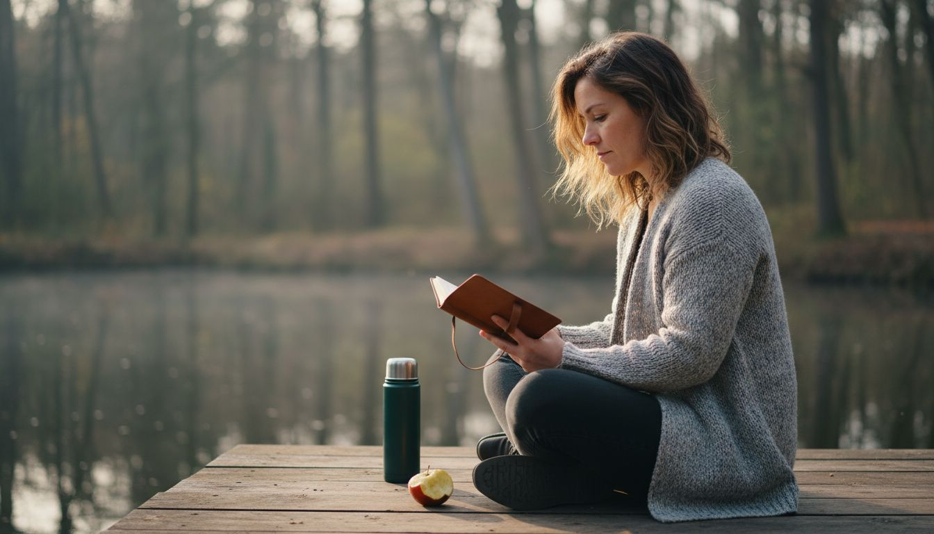 Een vrouw zit buiten op het terrein van een retraite en neemt rustig de tijd om na te denken.