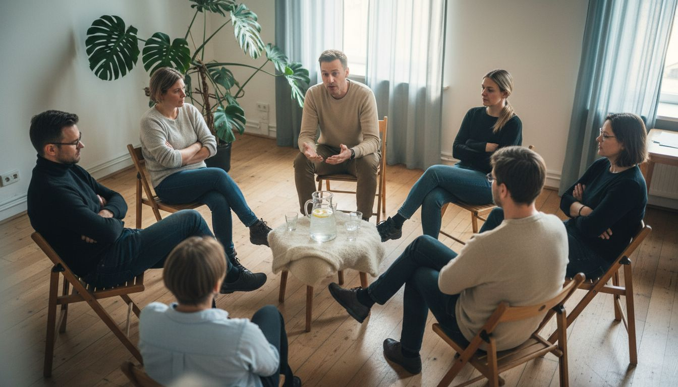 In een kring vertelt iedereen zijn verhaal en luisteren we naar elkaars ervaringen.