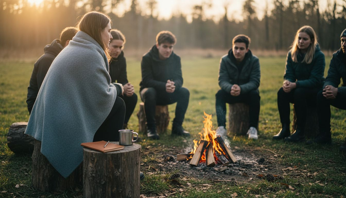 Een vrouw geniet samen met haar reisgenoten van het kampvuur tijdens een groepsreis.