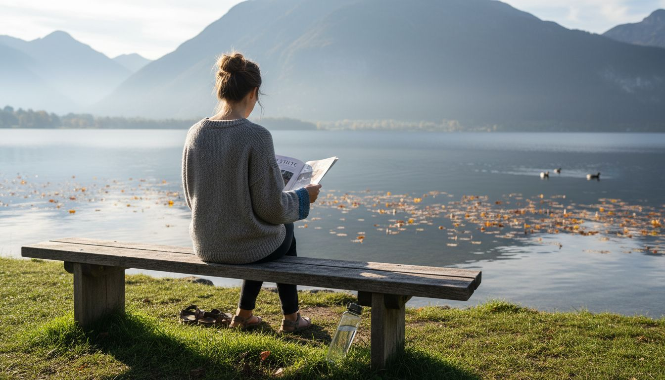 Vrouw geniet van een moment van rust aan het meer tijdens haar vakantie of een ontspannen retreat.