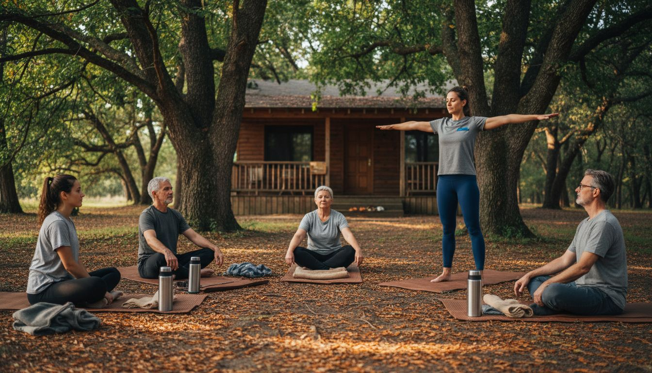Een groep mensen volgt samen een yogaretreat midden in het bos, omringd door rust en natuur.
