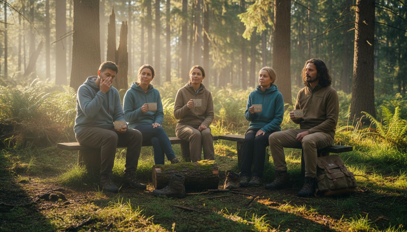 Een groep geniet samen van een ontspannen moment tijdens een outdoorweekend in het bos.