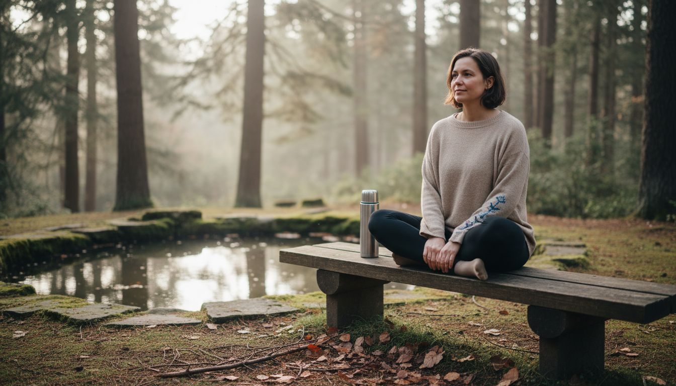 Een vrouw zit in stilte op een bankje midden in het bos, helemaal opgaand in haar retraite.