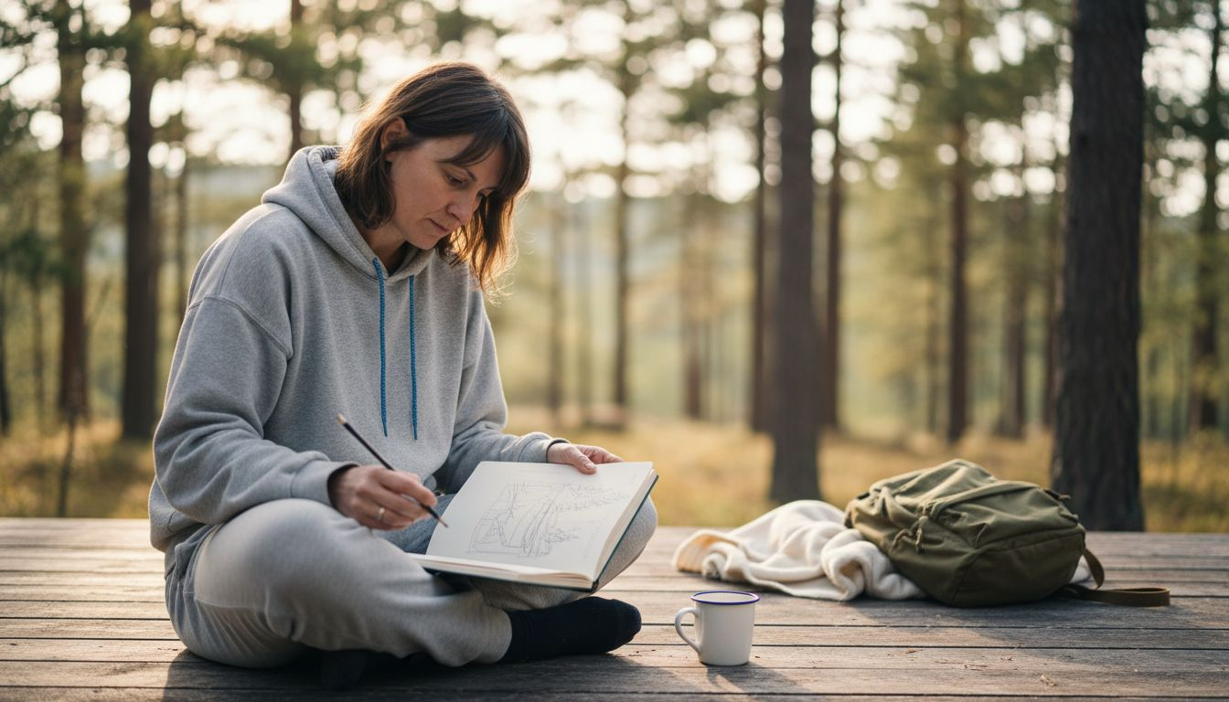 Tijdens een retraite geniet een vrouw van een meditatiesessie in de buitenlucht.