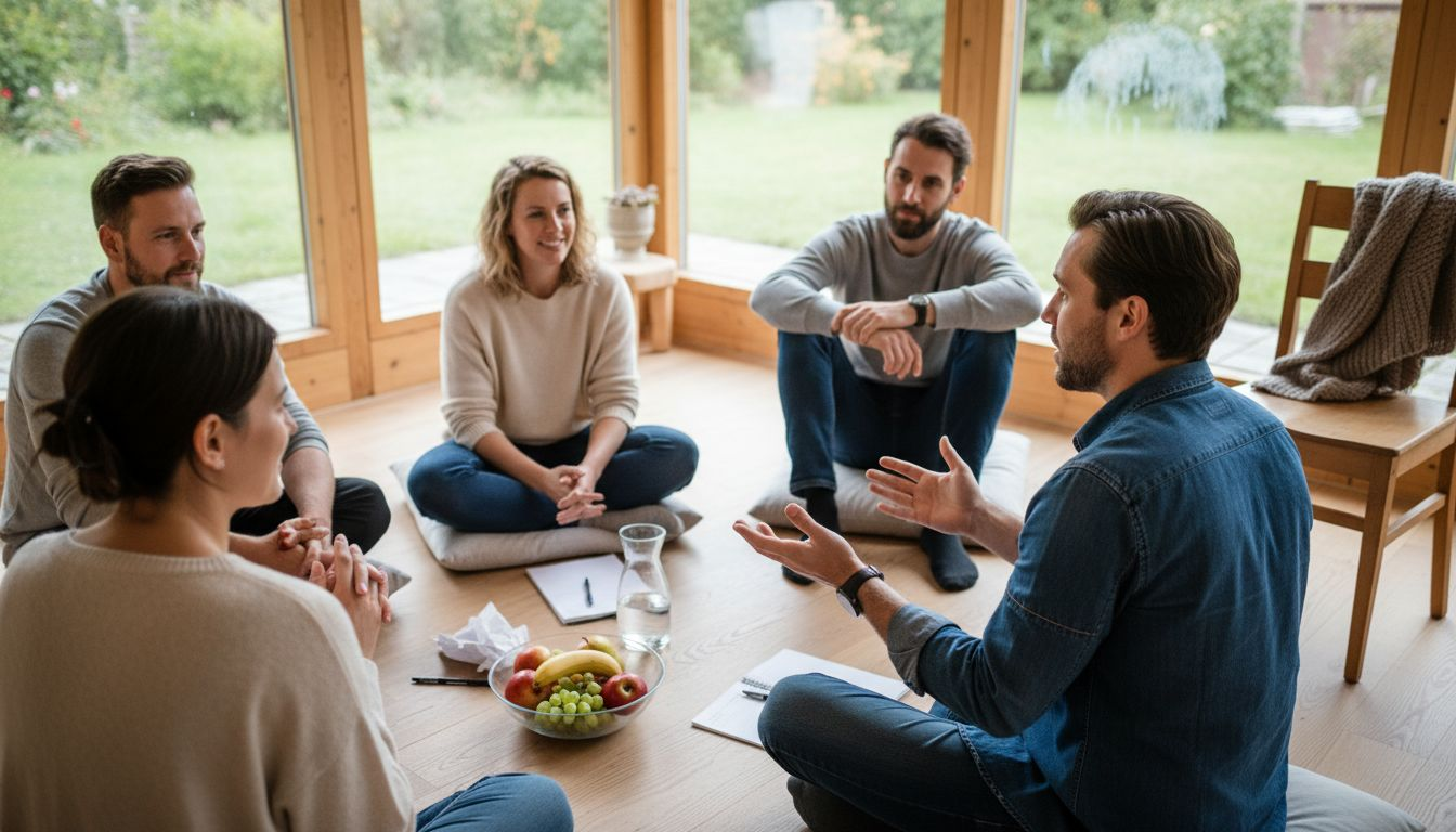 In de retreatkamer wisselt de groep persoonlijke ervaringen uit.