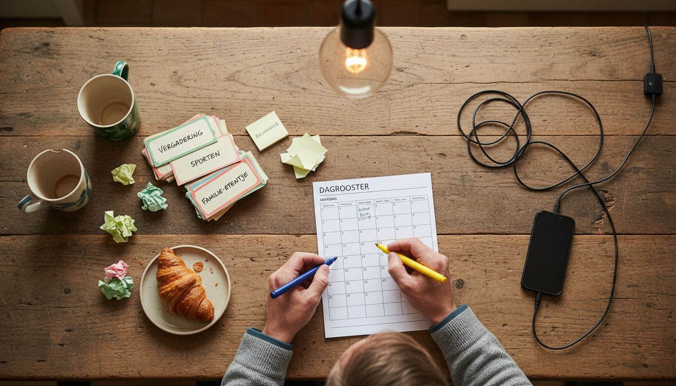 Aan de keukentafel zit iemand rustig plannen te maken voor een inspirerend retraiteprogramma.