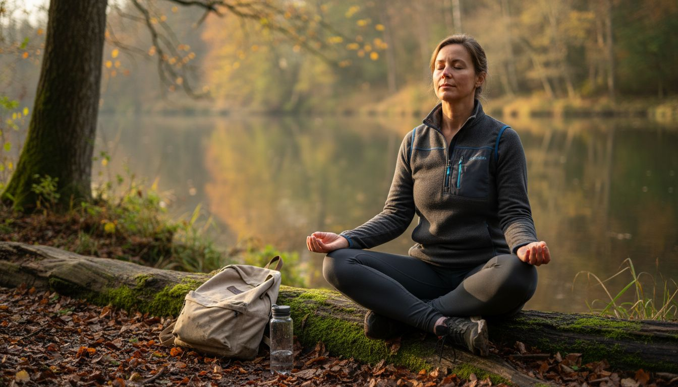 Een vrouw zit in stilte te mediteren aan de oever van een bosmeer, midden tijdens een retraite.