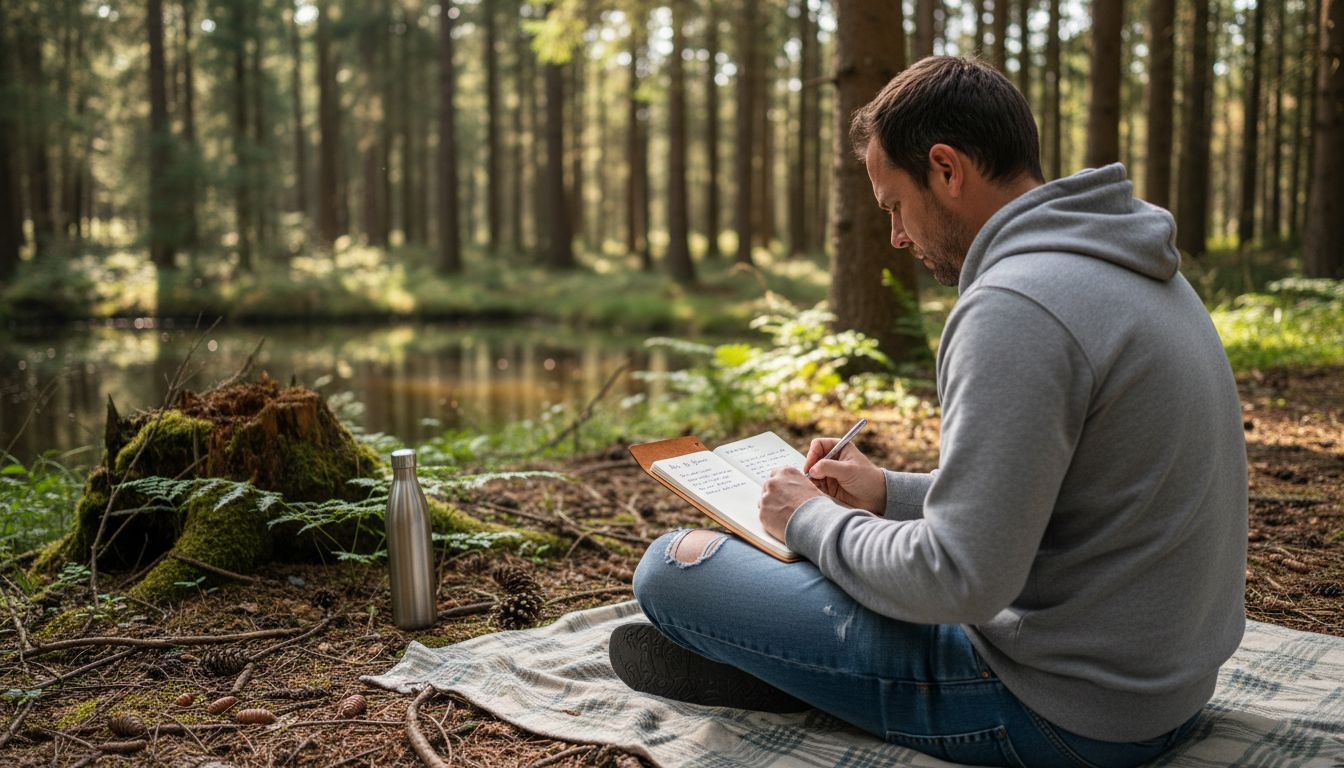 Een man zit rustig te schrijven in zijn dagboek, omringd door de stilte van het bos.
