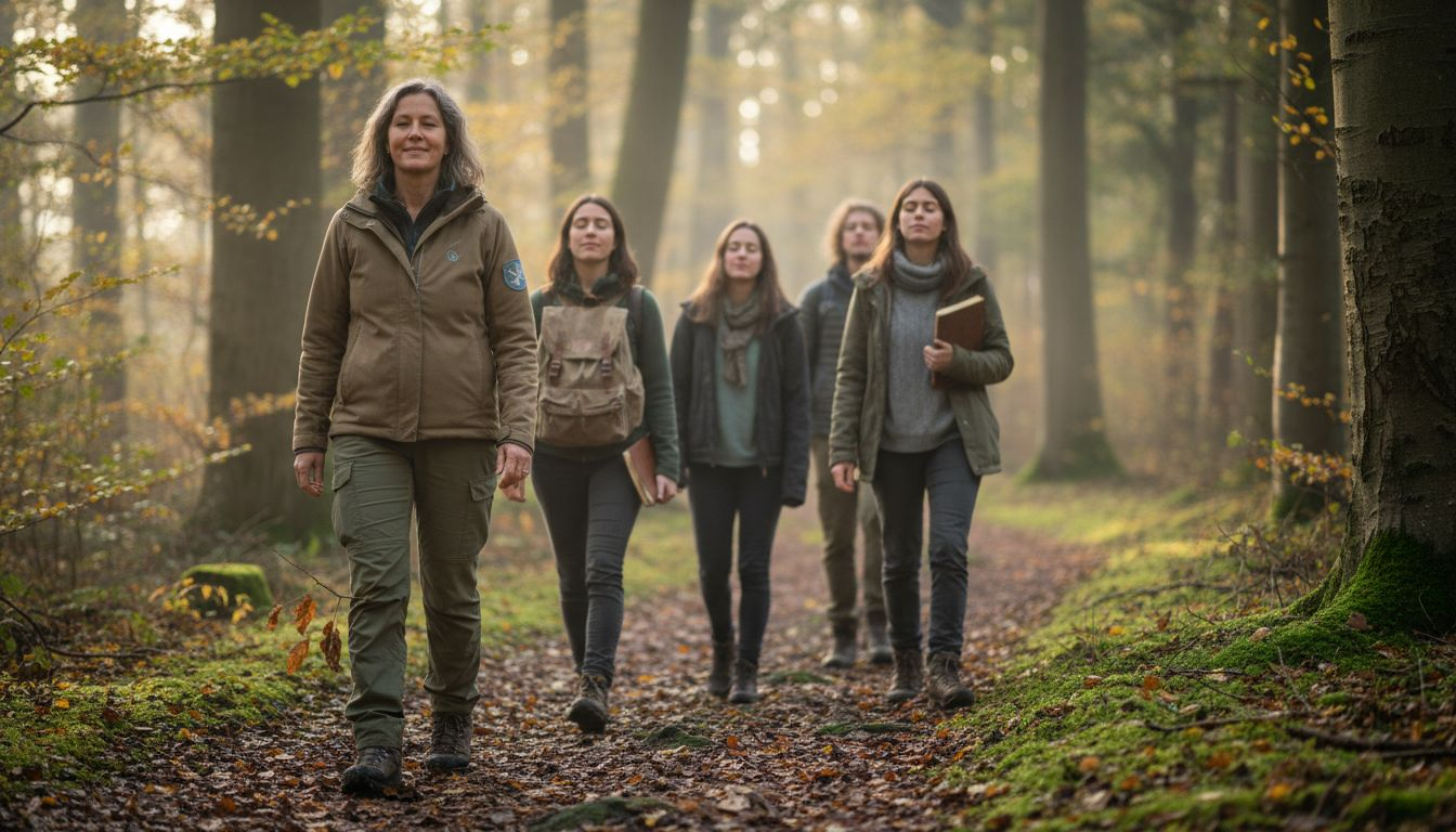 Een gids neemt een groep mee op ontdekkingstocht door het bos.