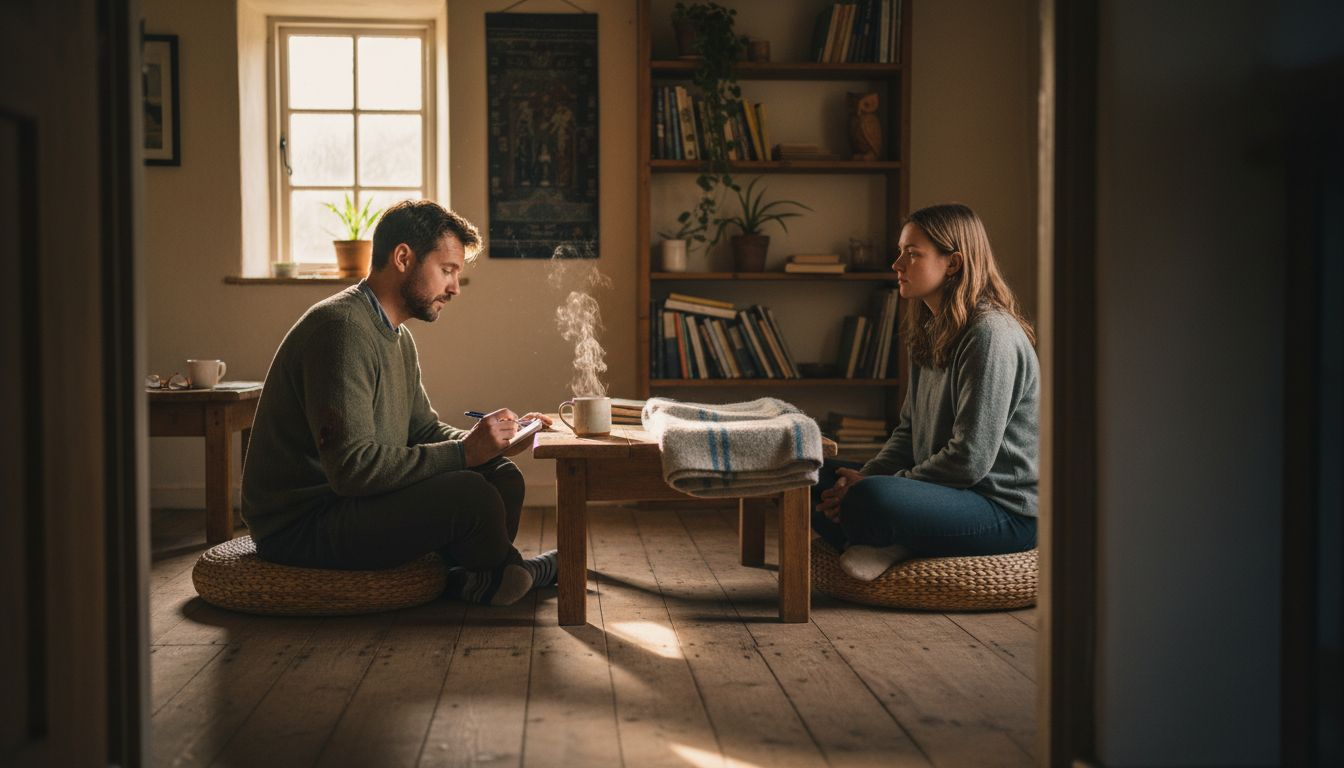 Individueel begeleidingsgesprek in een rustige retraitesuite