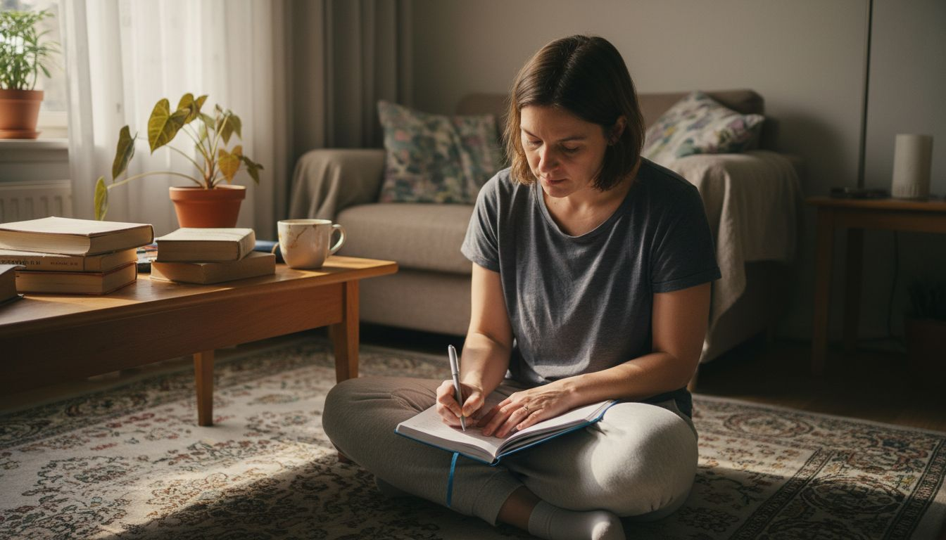 Vrouw noteert haar persoonlijke voornemens voor de retraite
