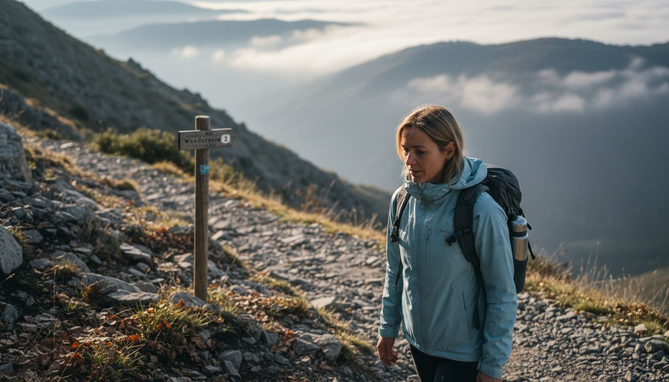 In alle vroegte loopt een vrouw in haar eentje over een bergpad, gehuld in ochtendnevel.