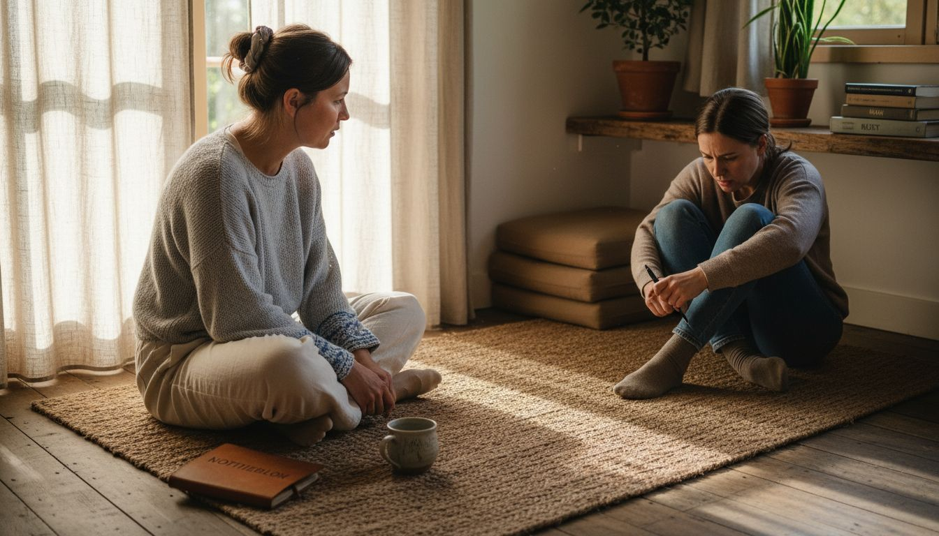 Tijdens het retraite luistert de begeleider aandachtig naar de deelnemer.