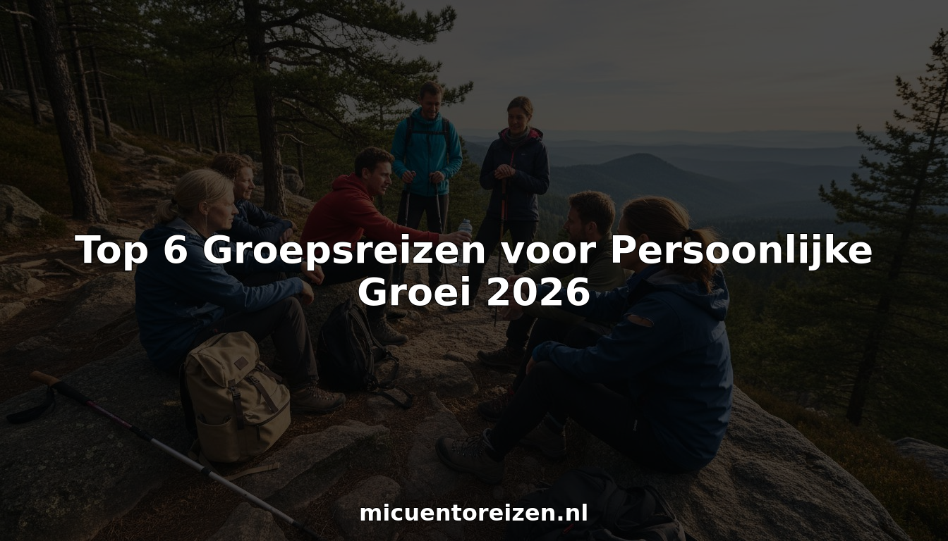 Een groep volwassenen neemt even pauze op een mooi wandelpad en geniet van het uitzicht.
