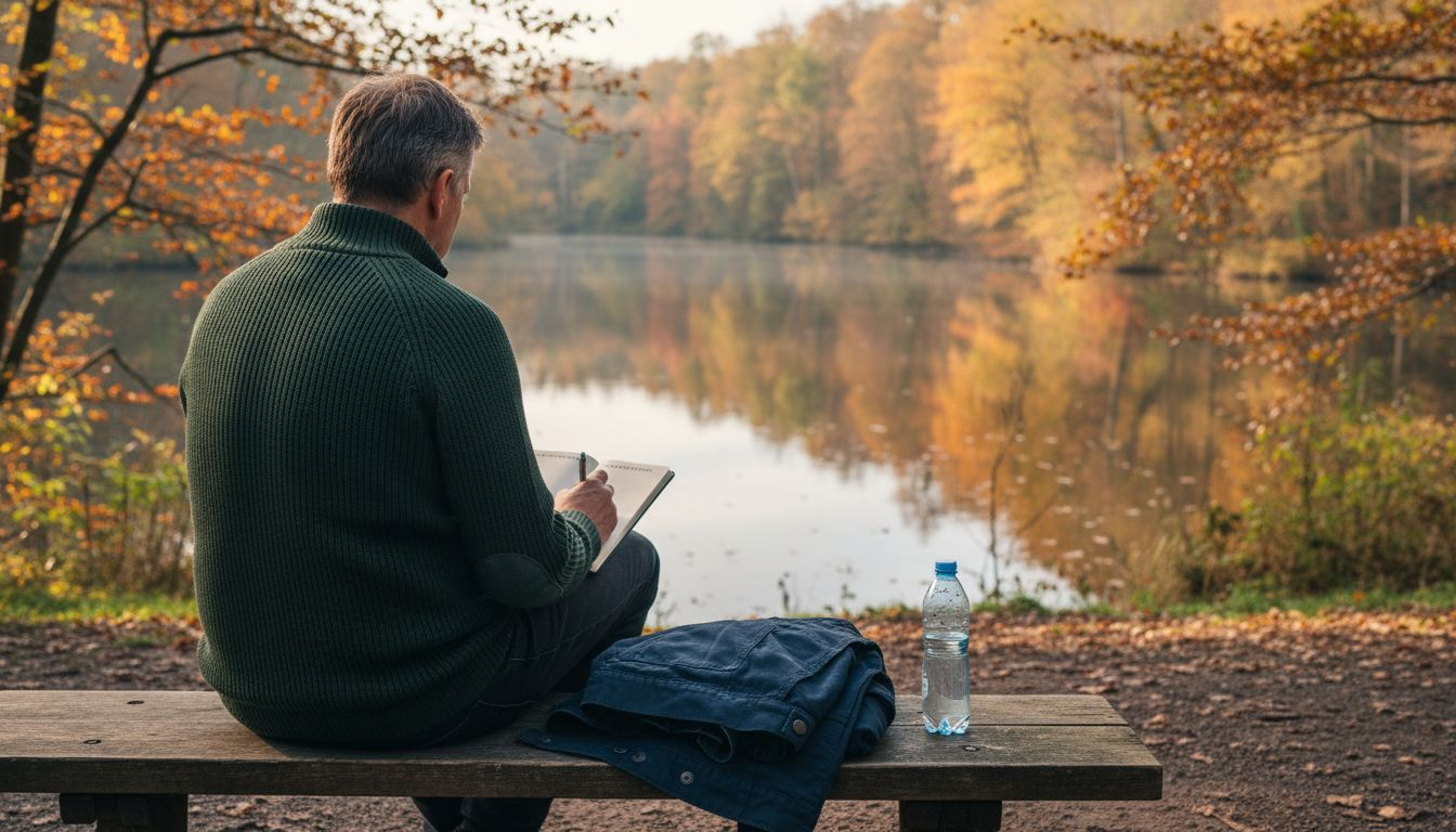 Een man komt tot bezinning te midden van een vredig landschap vol natuur.