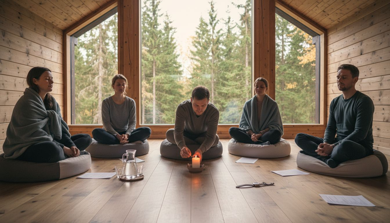 Een groep deelnemers zit samen te mediteren tijdens een retraite in een gezellige lodge.