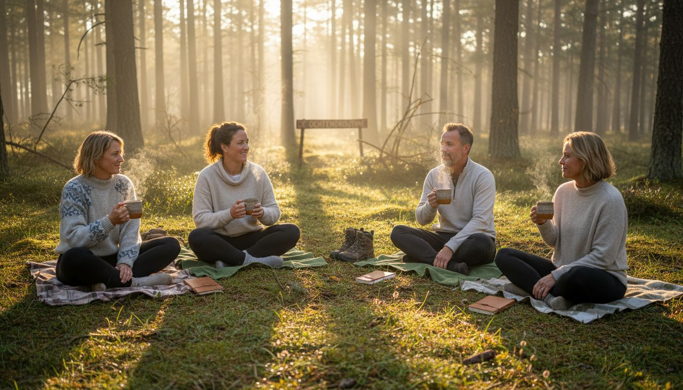 Een groep mensen geniet samen van de rust in de buitenlucht tijdens een ontspannen retraite bij zonsopkomst.